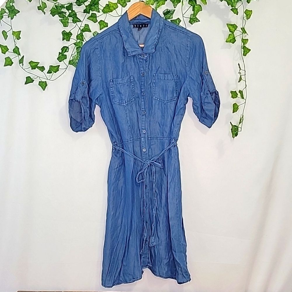 Casual Blue Button-Front Shirt Dress with Tie Waist
